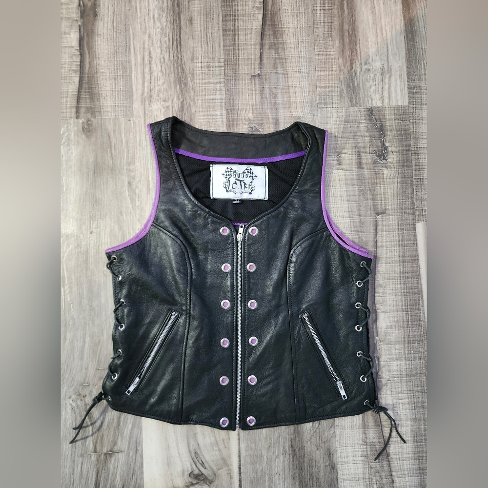 Black Leather Ctr Lace-Up Vest with Purple Trim